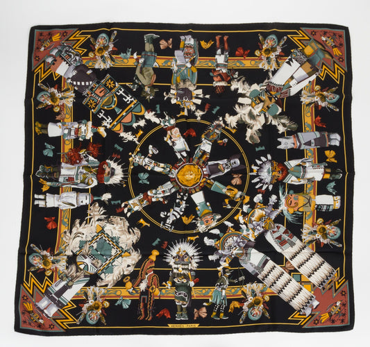 Hermes Black Silk Kachinas Scarf