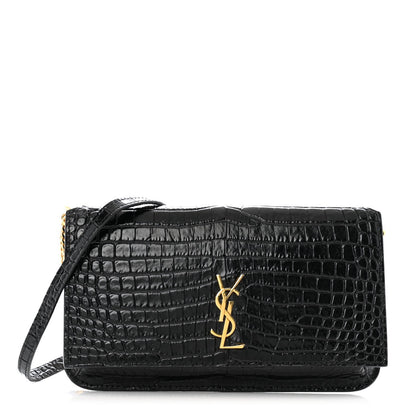 Saint Laurent Crocodile Embossed Monogram Phone Holder Crossbody Black