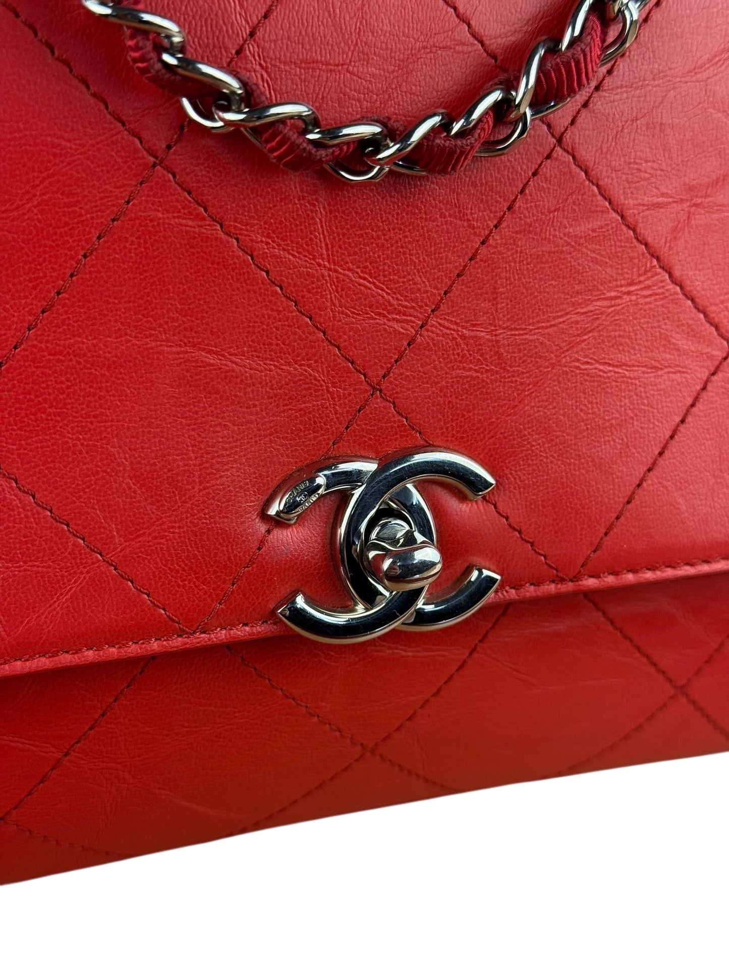 Chanel Red CC Quilted Crumpled Calfskin Flap Bag 2018