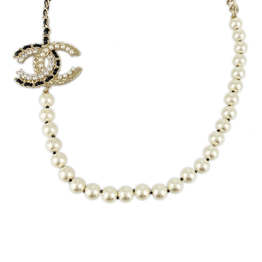 CHANEL Choker Fake Pearl Rhinestone COCO Mark Necklace