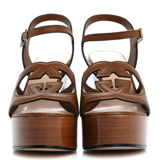 Amelia Cosmos Softy Calfskin Wooden InterLocking G Cut-Out 30/120mm Platform Sandals 35.5 Cuir