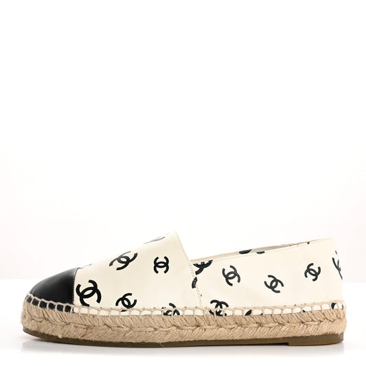 Amelia Lambskin Printed CC Espadrilles 38 White Black