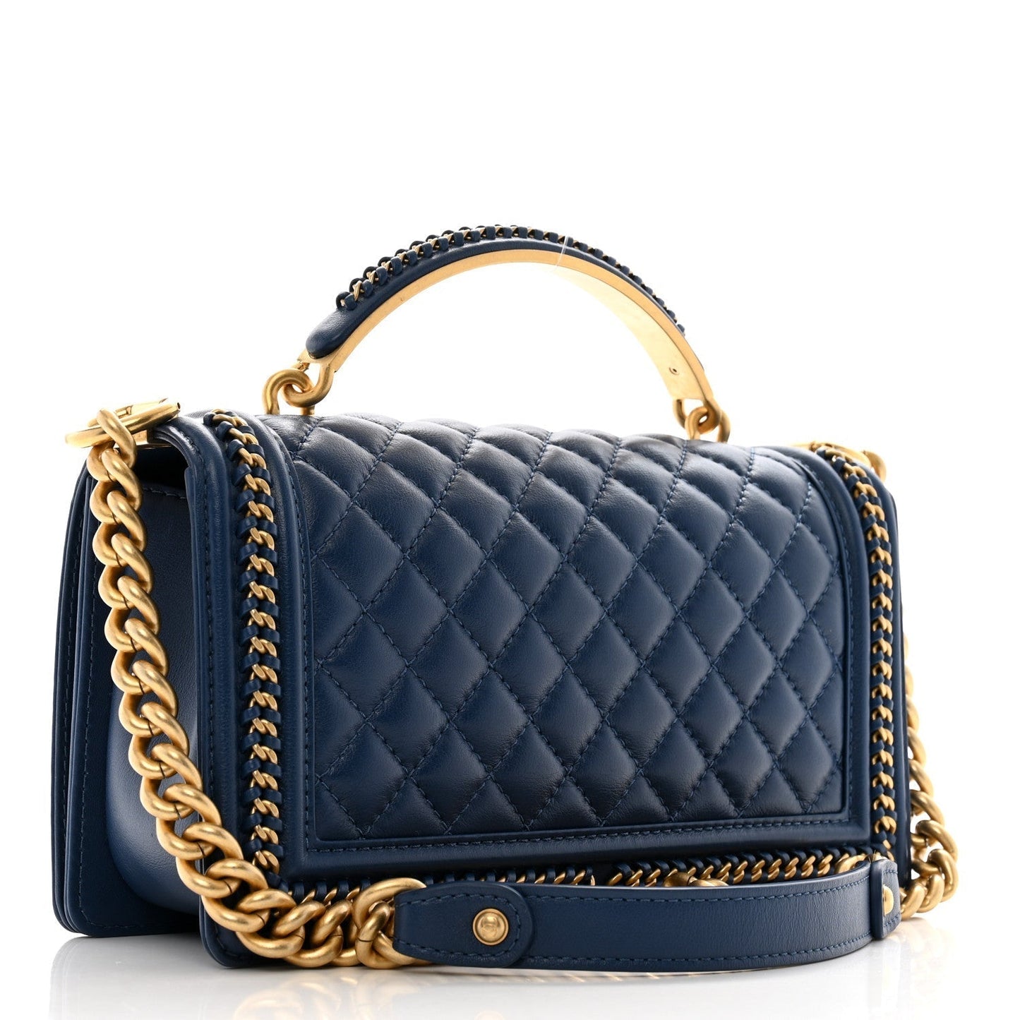 Amelia Lambskin Quilted Medium Top Handle Boy Flap Dark Blue