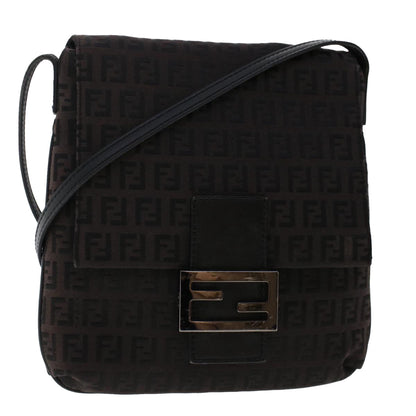 FENDI Zucchino Canvas Shoulder Bag Dark Brown Auth fm2601