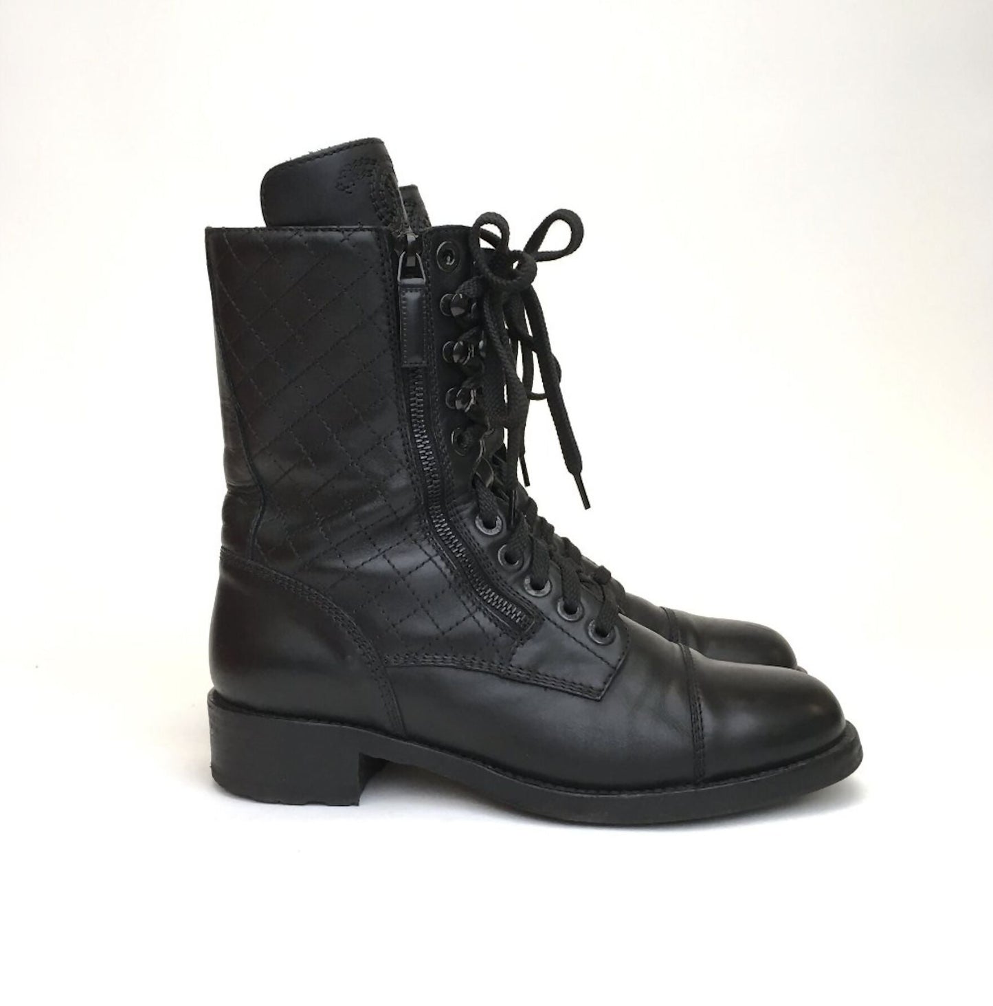 CHANEL Sheepskin Quilted CC Tall Lace Up Combat Boots -