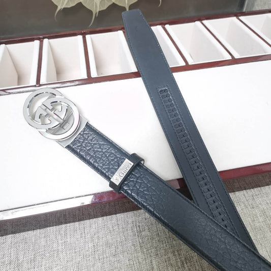 GC BELT Cowhide leather black Silver buckle wide 3.4cm Automatic buckle
