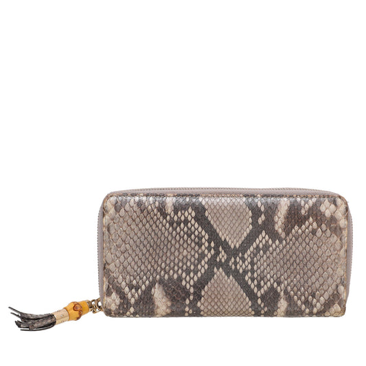 Gucci Metallic Gray Python Bamboo Tassel Zippy Wallet