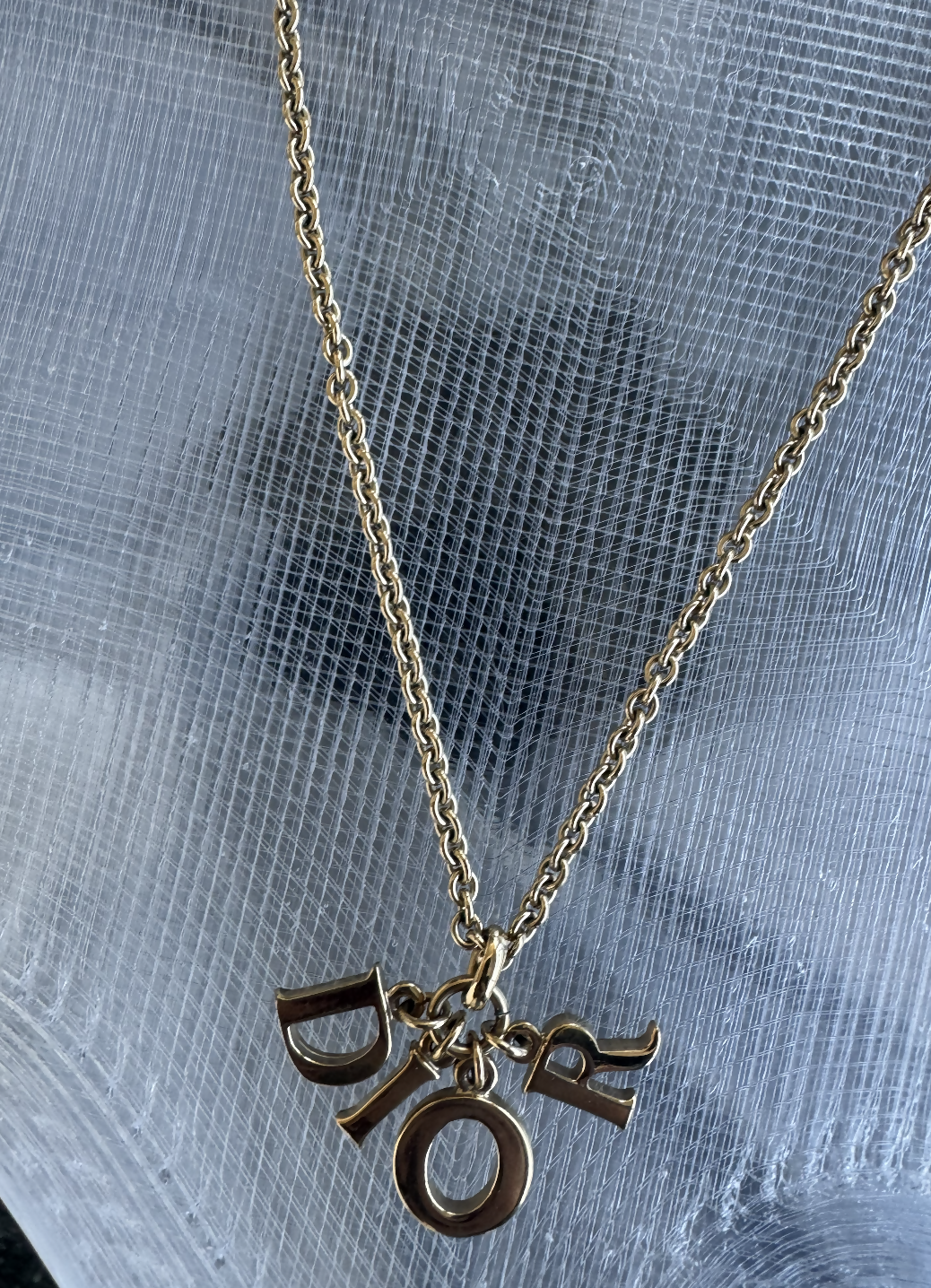 Dior   Gold Tone Beige Enamel Logo Charm Necklace
