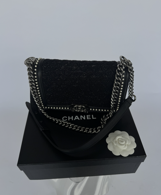 CHANEL Calfskin Pearl Tweed Medium Boy Flap Black - FULL SET