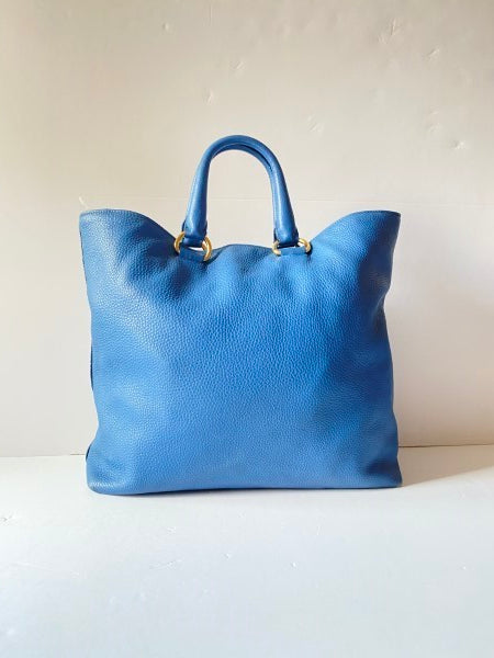 Prada Blue Vitello Daino Vertical Convertible Tote Bag