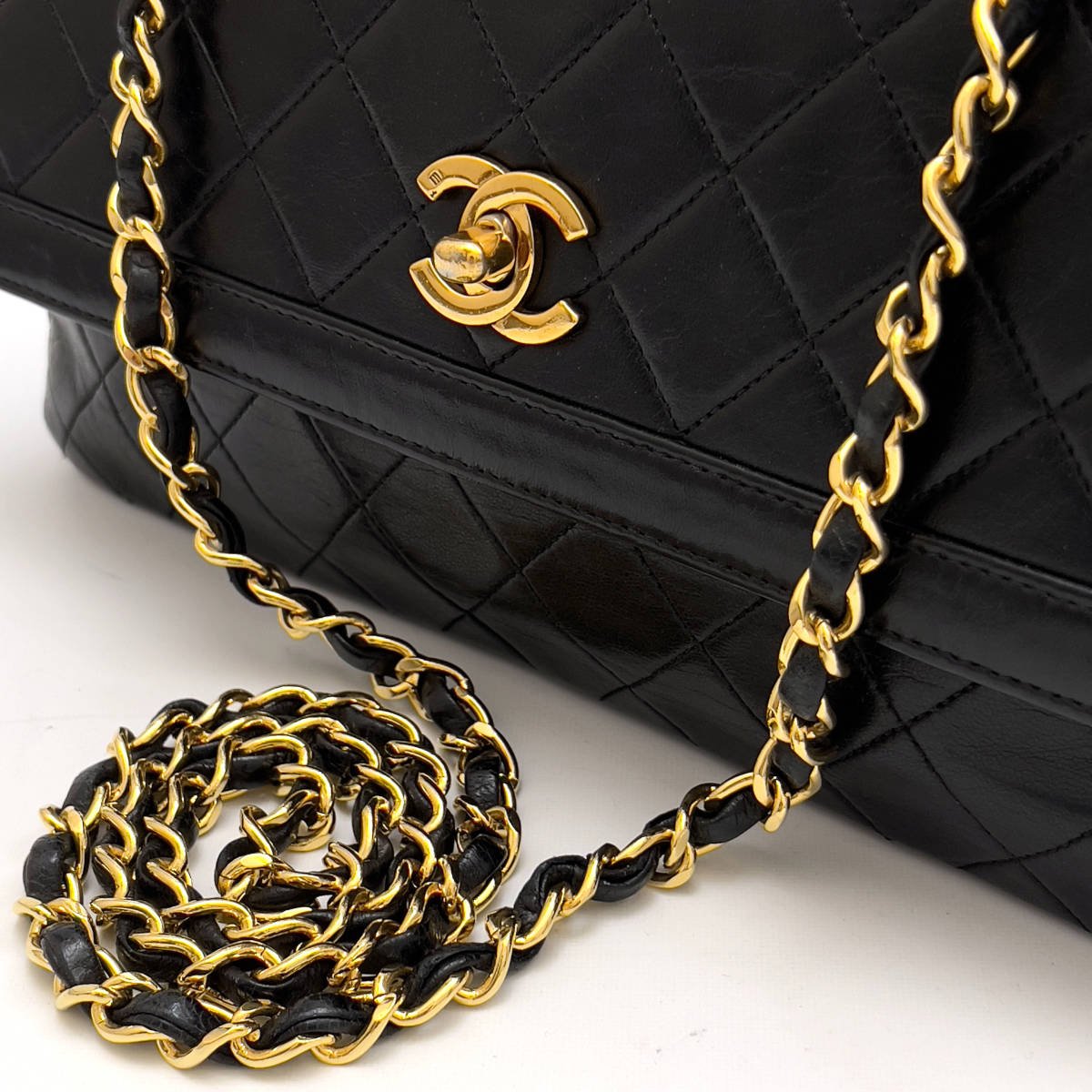 Chanel Shoulder Bag Single Flap Black Lambskin Leather Matrasse   First Series