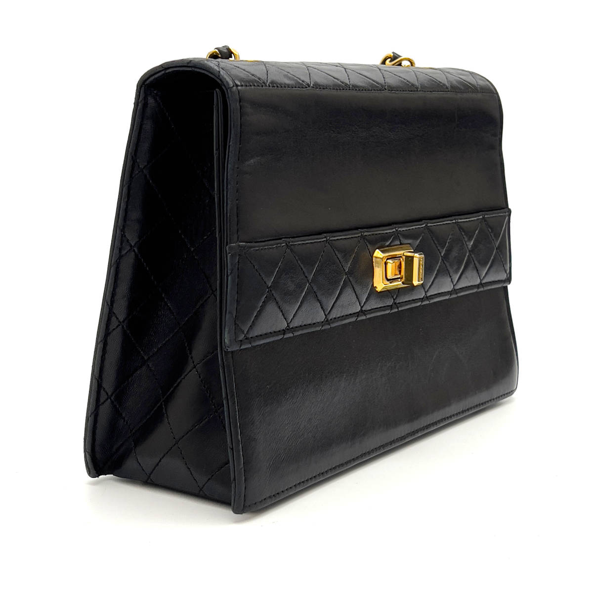 Chanel Shoulder Bag Trapezoidal Flap Black Lambskin Leather Matrasse   First Series
