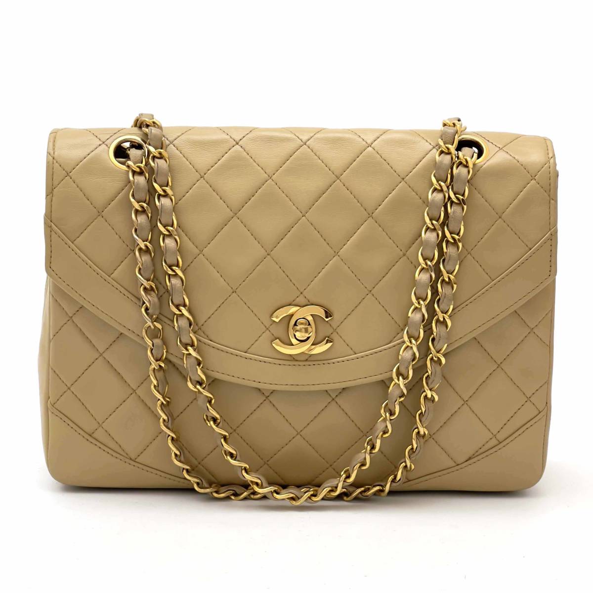 Chanel Shoulder Bag Flap Beige Lambskin Leather Matrasse