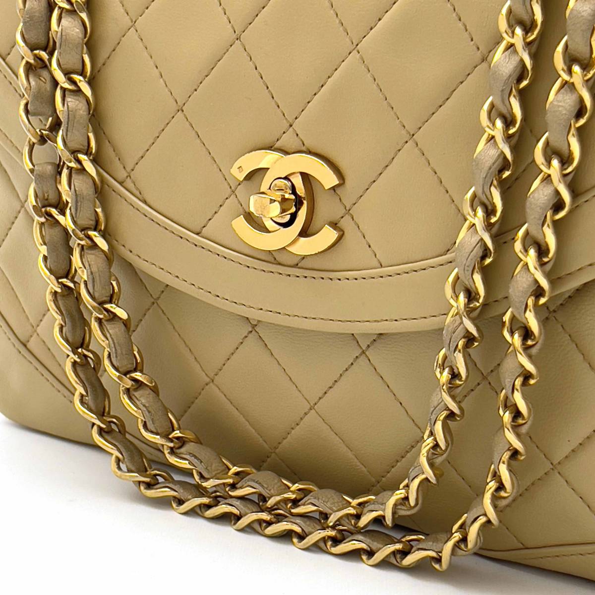 Chanel Shoulder Bag Flap Beige Lambskin Leather Matrasse