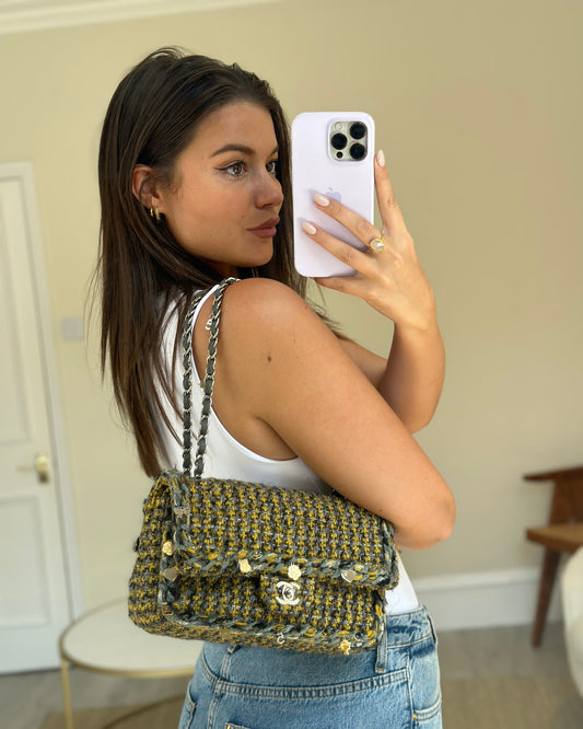 Chanel Grey, Yellow and Black Tweed Medium Classic Double Flap Bag with Silver Hardware and Champagne Charms RRP - £8,530