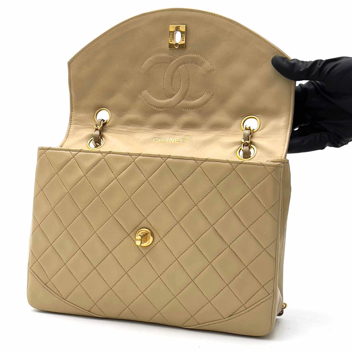 Chanel Shoulder Bag Flap Beige Lambskin Leather Matrasse