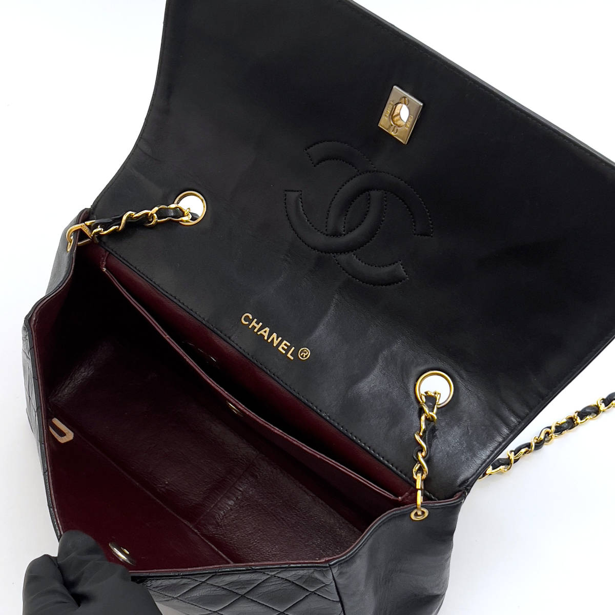 Chanel Shoulder Bag Single Flap Black Lambskin Leather Matrasse   First Series