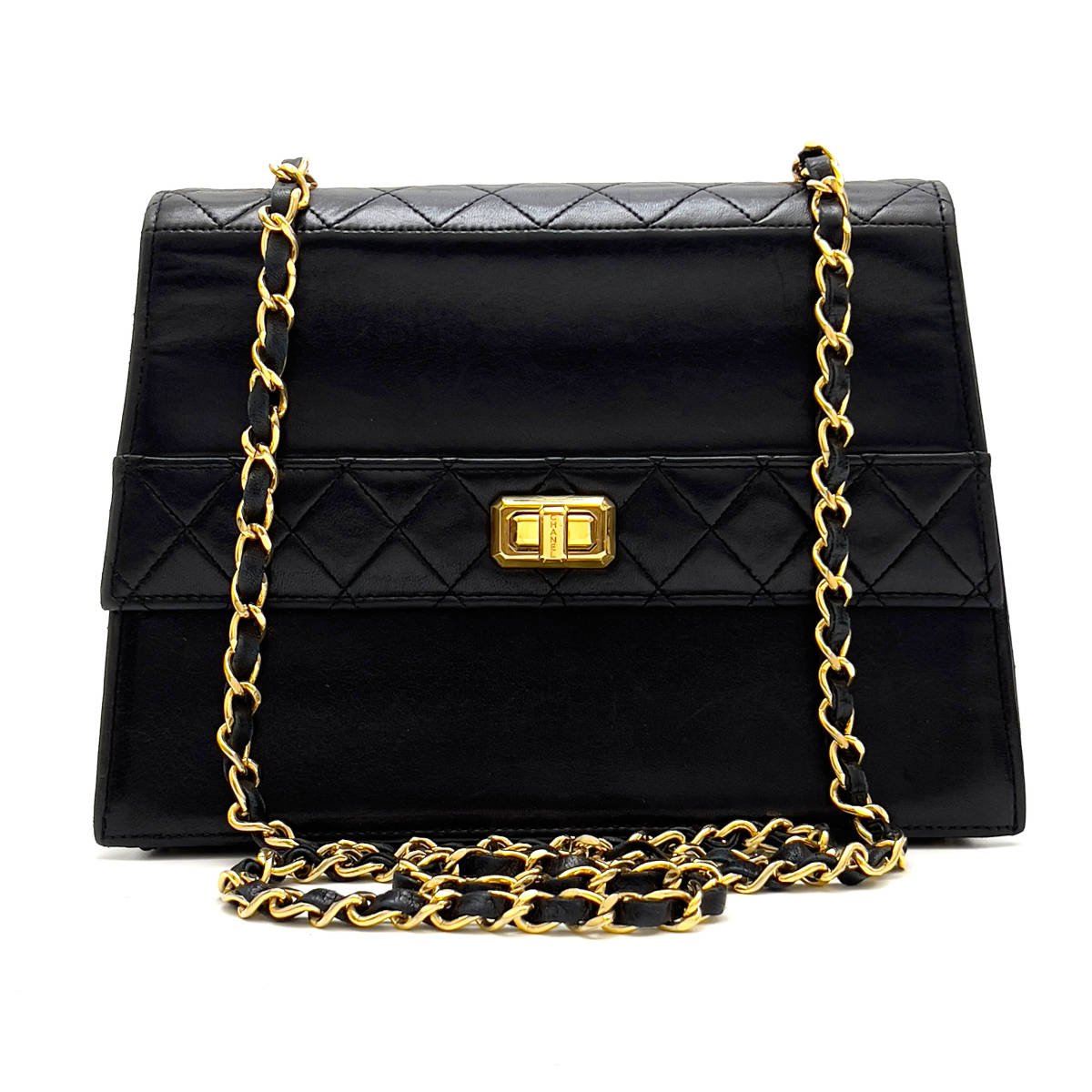 Chanel Shoulder Bag Trapezoidal Flap Black Lambskin Leather Matrasse   First Series
