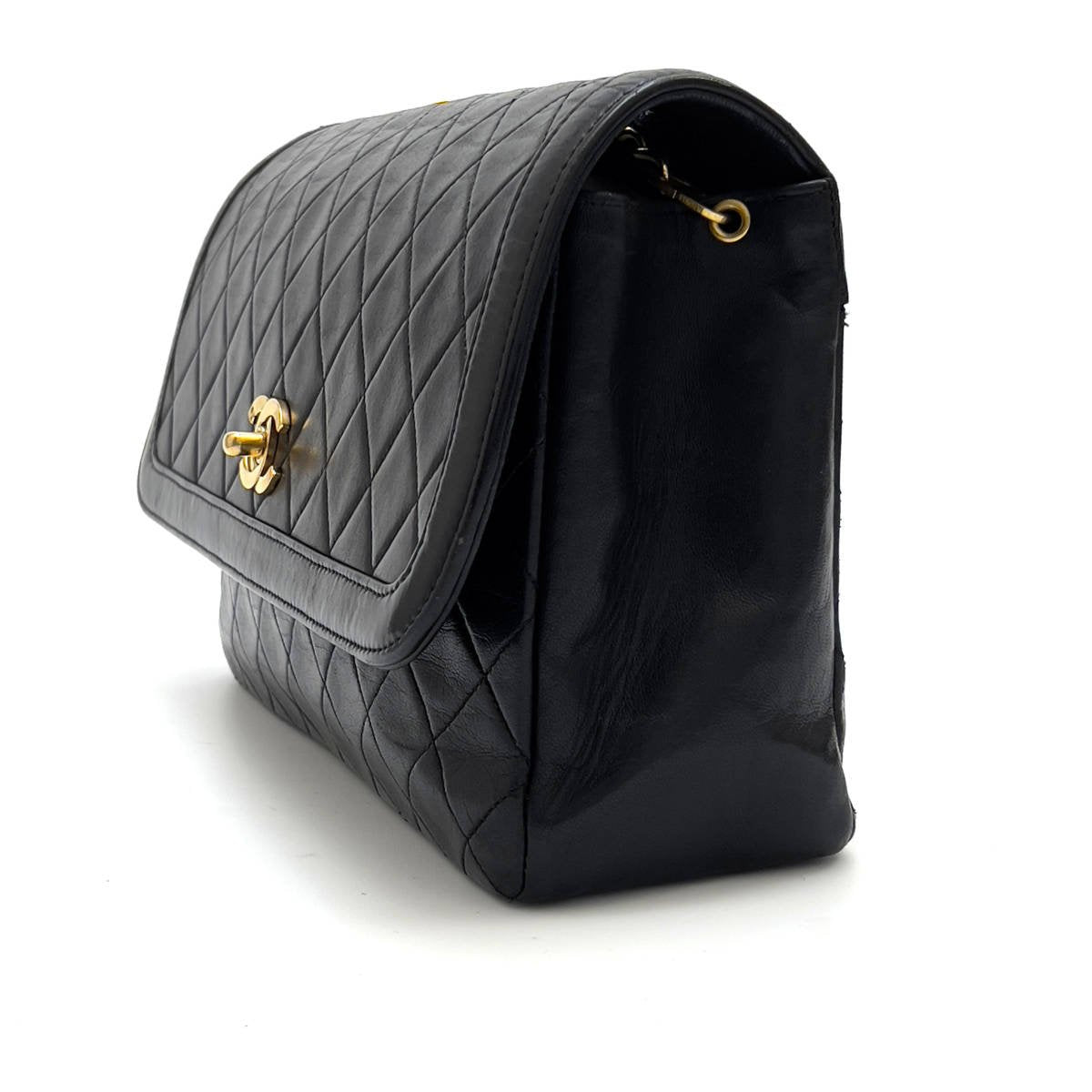 Chanel Shoulder Bag Single Flap Black Lambskin Leather Matrasse   First Series