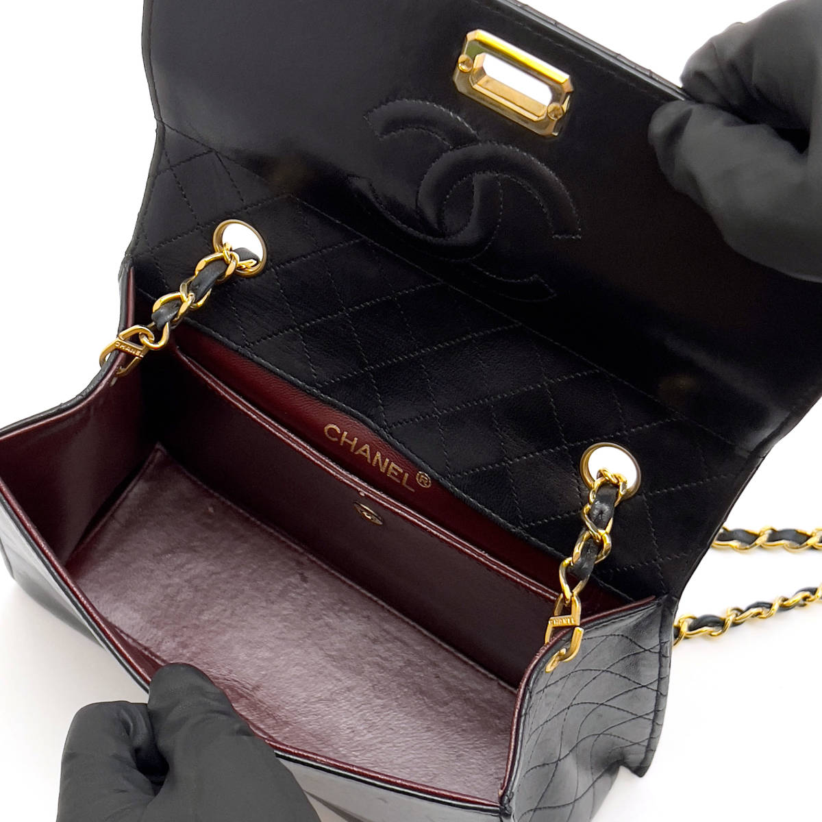 Chanel Shoulder Bag Trapezoidal Flap Black Lambskin Leather Matrasse   First Series