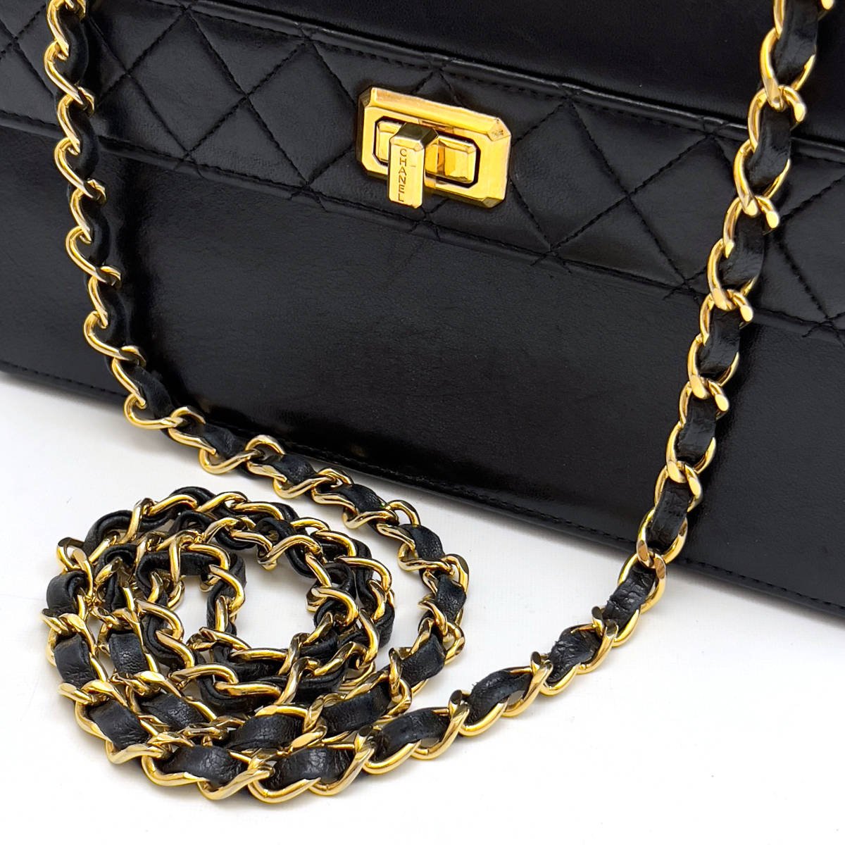 Chanel Shoulder Bag Trapezoidal Flap Black Lambskin Leather Matrasse   First Series