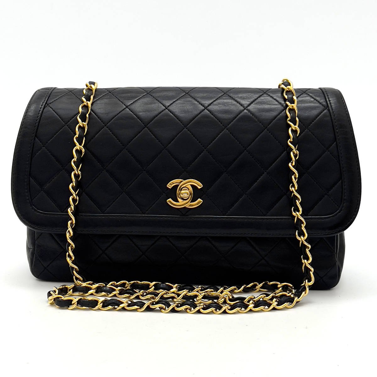 Chanel Shoulder Bag Single Flap Black Lambskin Leather Matrasse   First Series