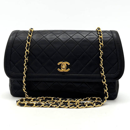 Chanel Shoulder Bag Single Flap Black Lambskin Leather Matrasse   First Series