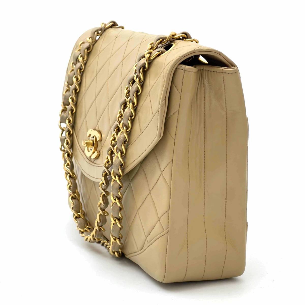 Chanel Shoulder Bag Flap Beige Lambskin Leather Matrasse
