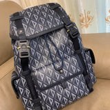 HIT THE ROAD BACKPACK WITH FLAP 51 IN WHITE AND BLUE TRIANGLE PATTERN FABRIC Amelia