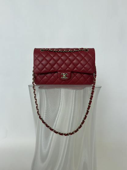 Chanel Medium Double Flap in Dark Pink Lambskin with light Gold Hardware - FULL SET