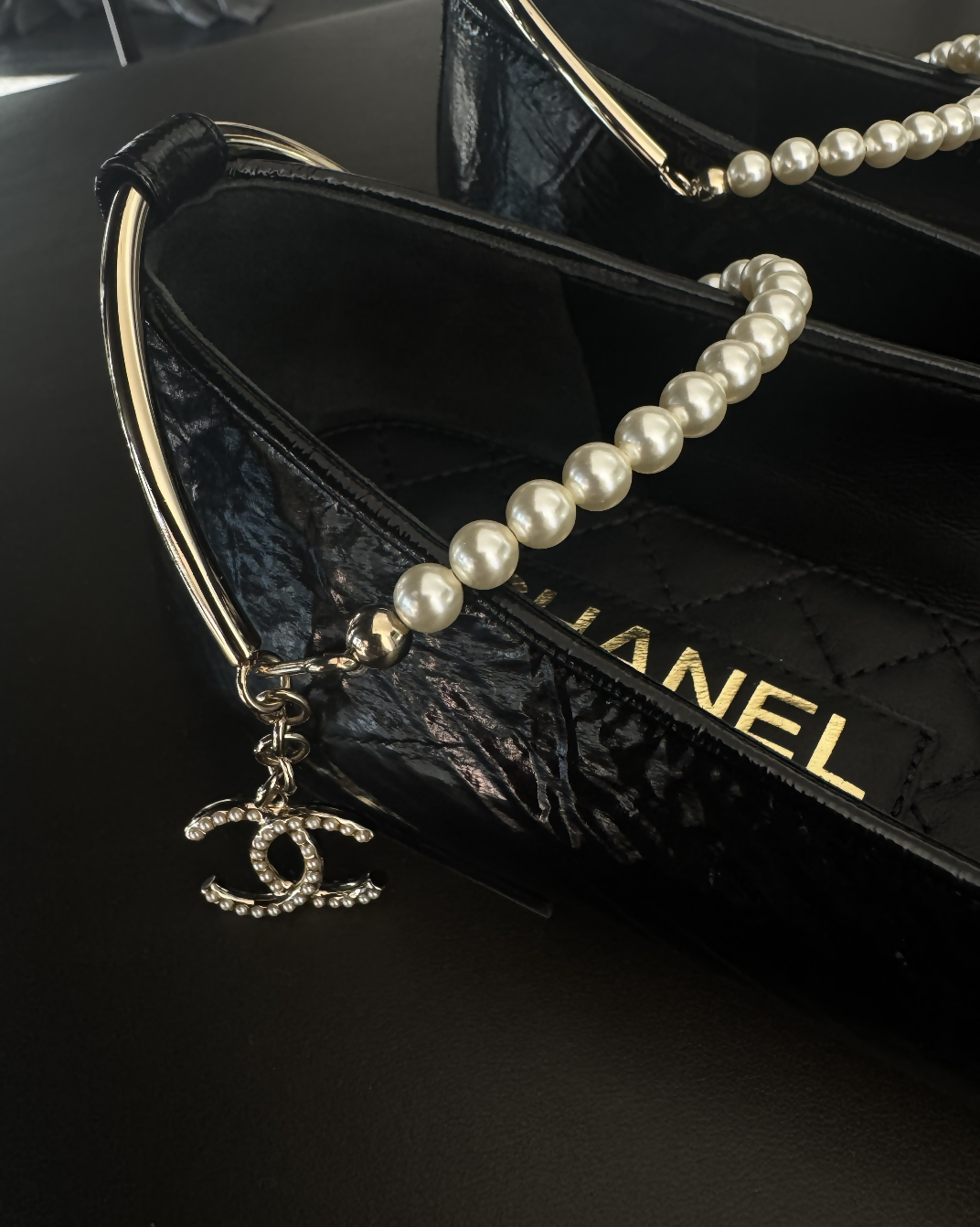 Chanel Waxed Ballet Flats with Pearl Ankle Strap – SS22