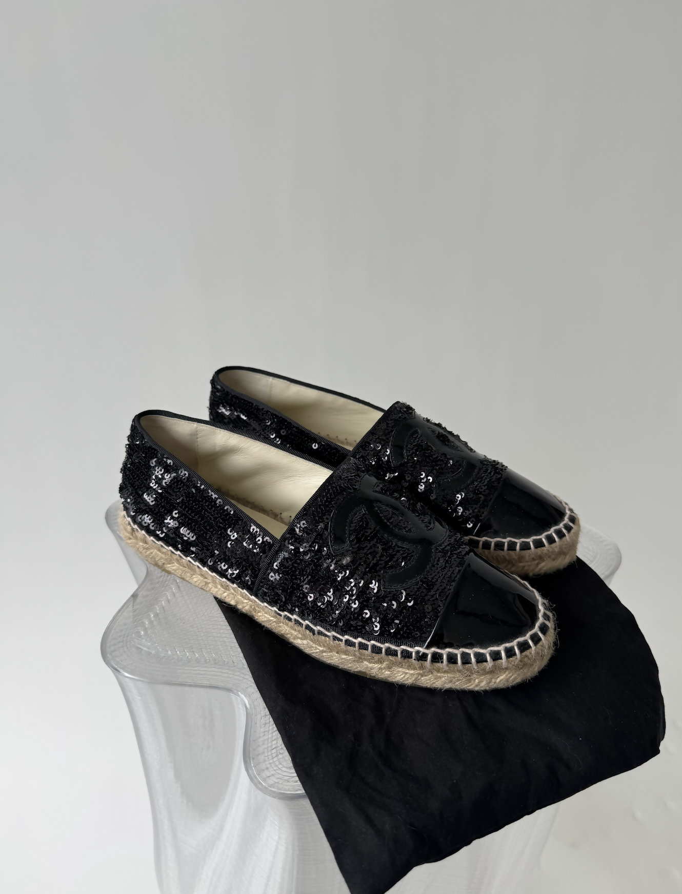 Chanel Black Sequins and Patent Leather CC Cap Toe Espadrille