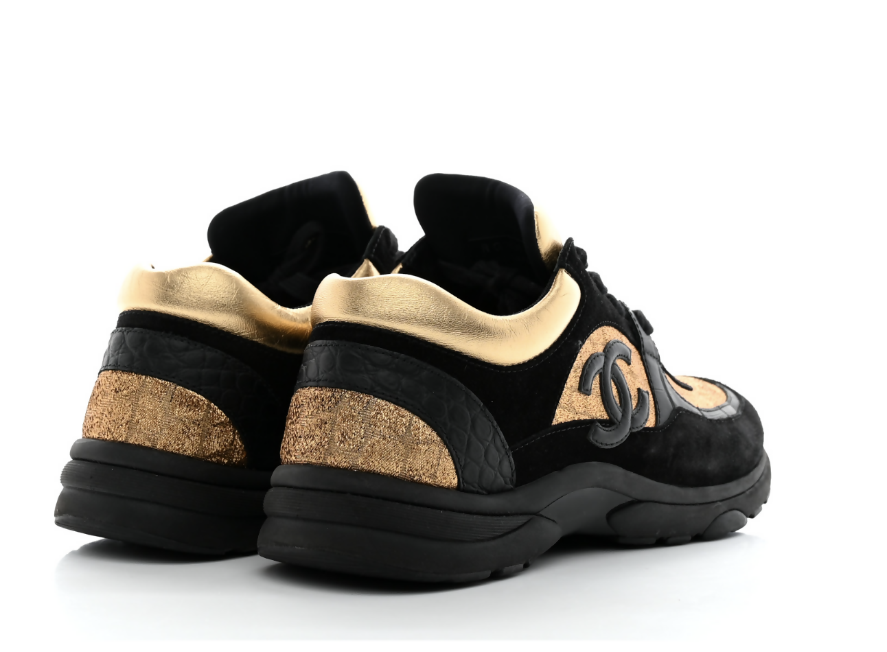 Chanel Black/Gold Suede and Leather CC Low Top Sneakers - FULL SET