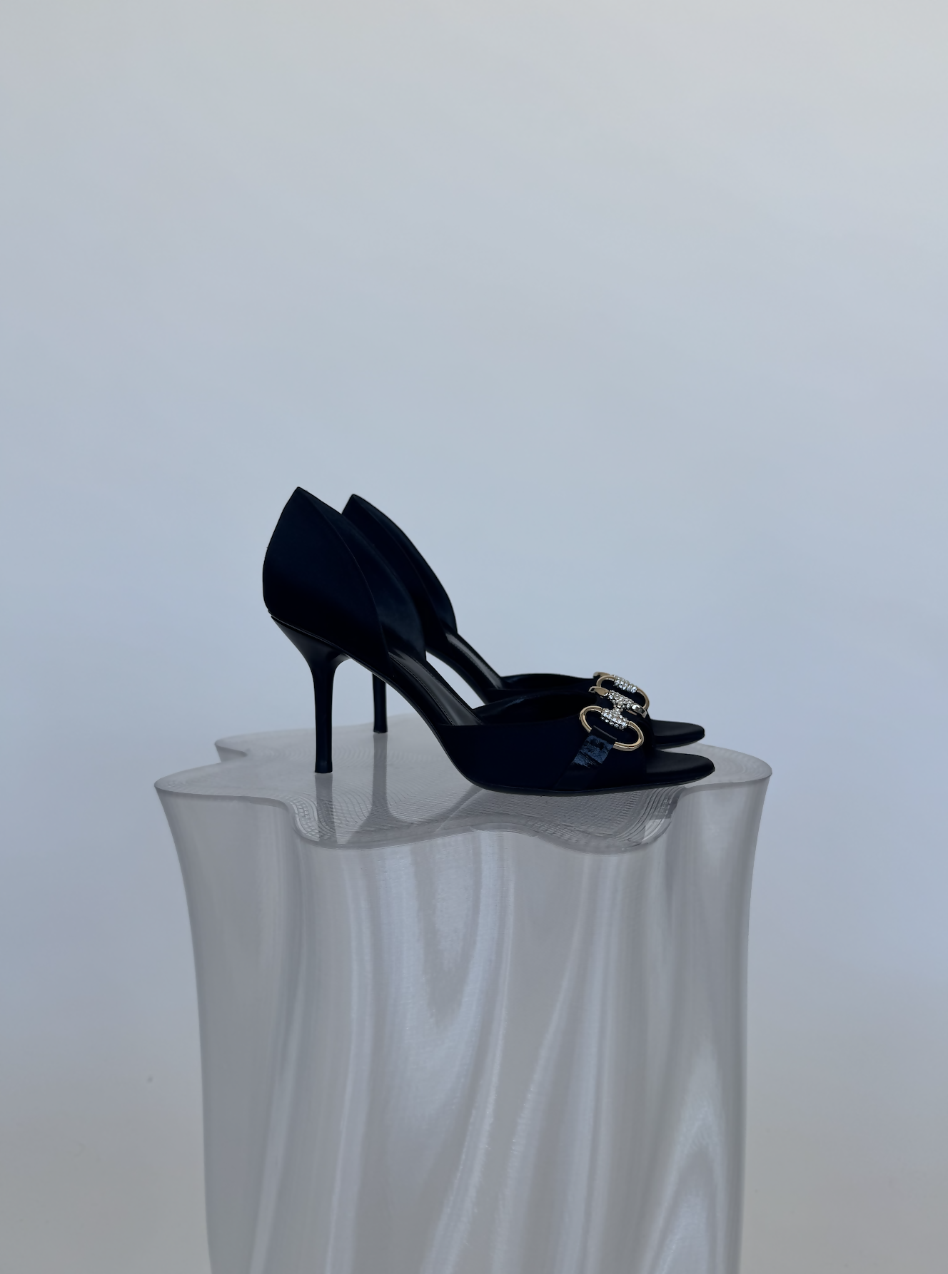 Gucci Black Satin Crystal Horsebit D'Orsay Peep-Toe Pumps - Full Set