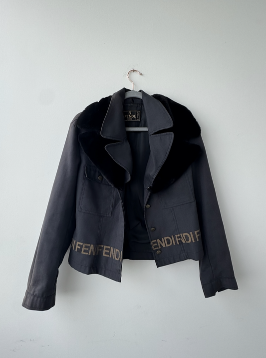 FENDI JEANS Women's Logo Fur Jacket Denim Black