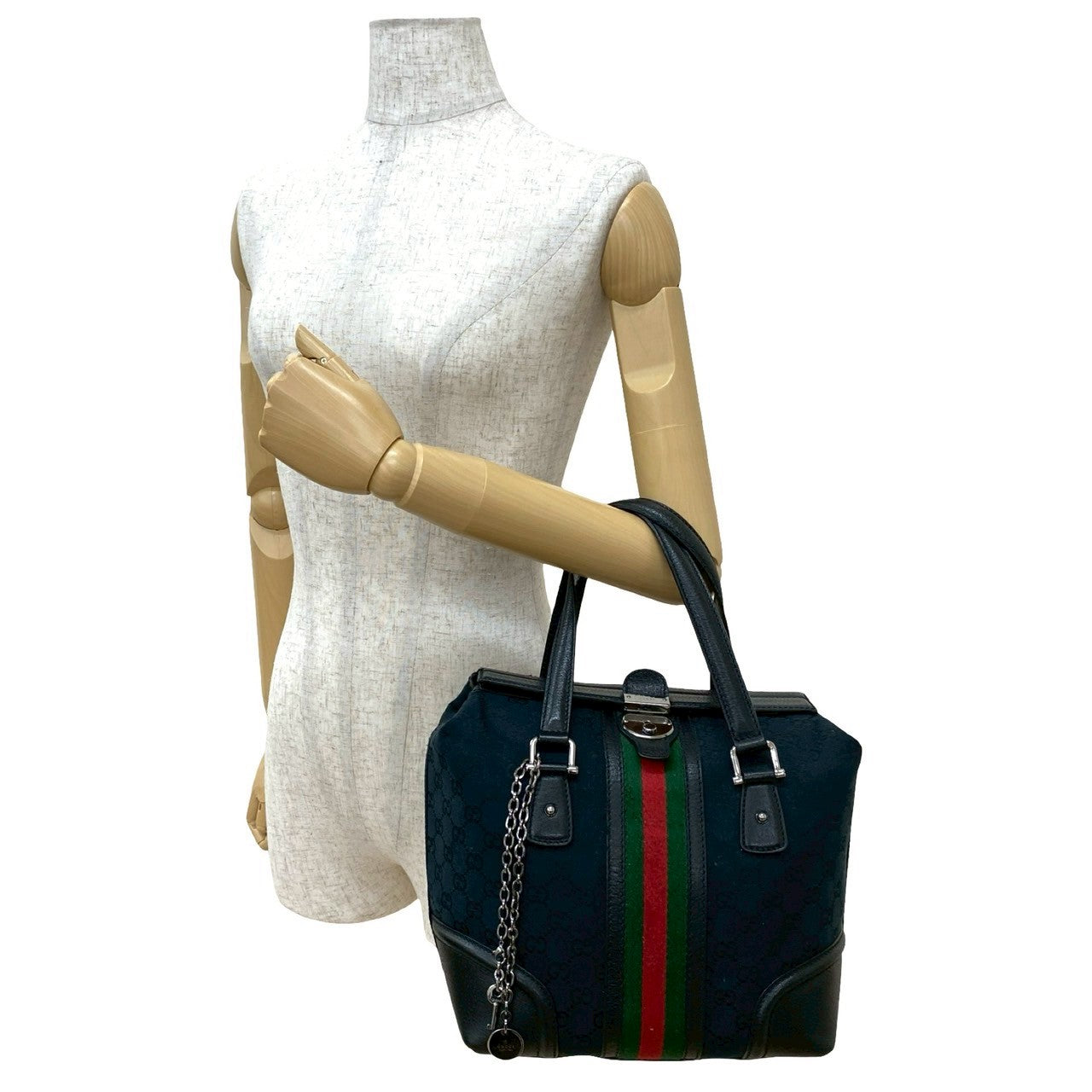Gucci GG Logo Charm Leather Canvas Handbag
