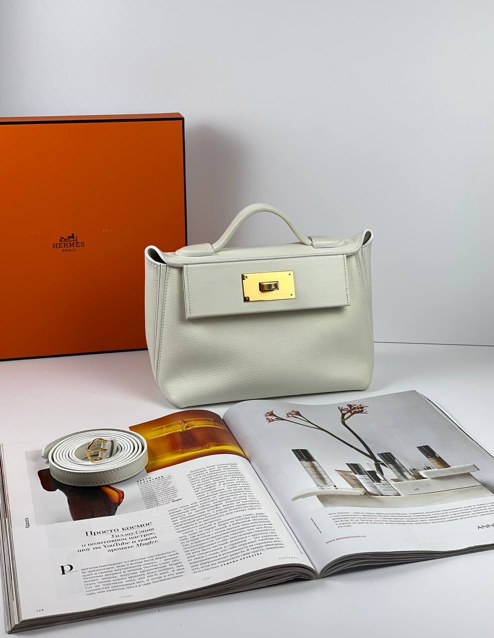 Luxury Hermes 24/24 Bag Evercolor with Swift 21  white Gold Hardware