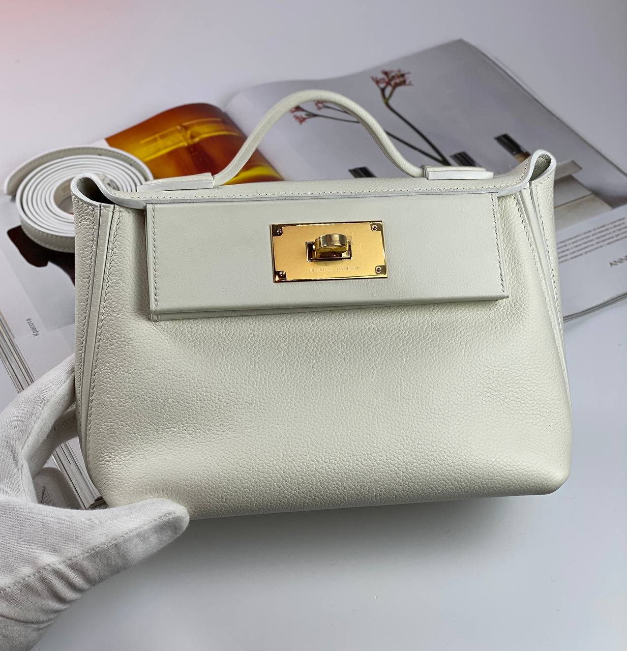 Luxury Hermes 24/24 Bag Evercolor with Swift 21  white Gold Hardware