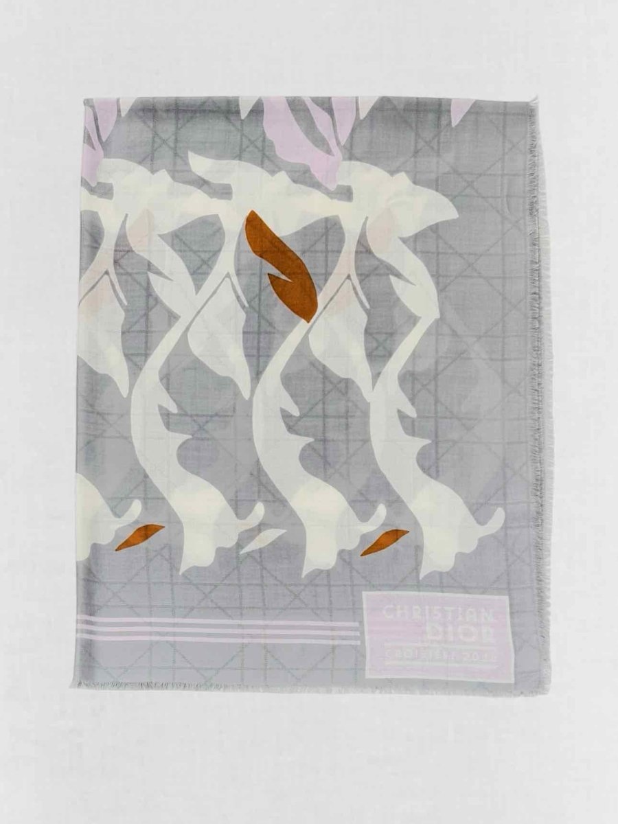 CHRISTIAN DIOR Grey Multicolor Leaf Print Scarf