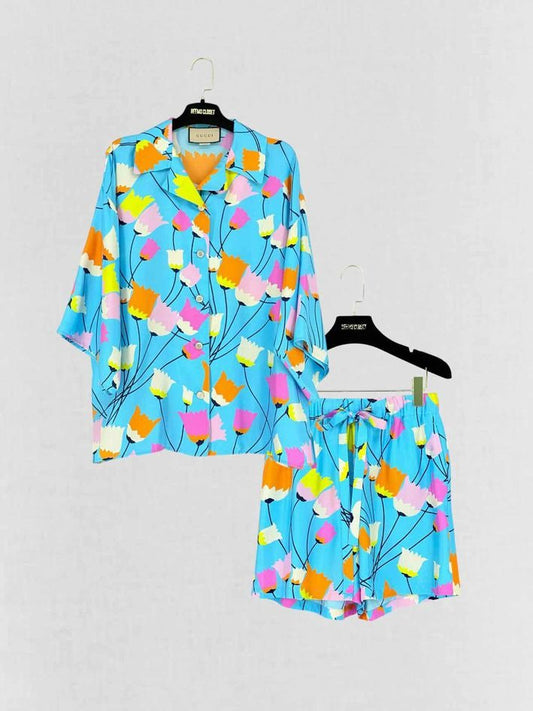 GUCCI Blue Multicolor Tulip Print Size US 2 Outfit Set