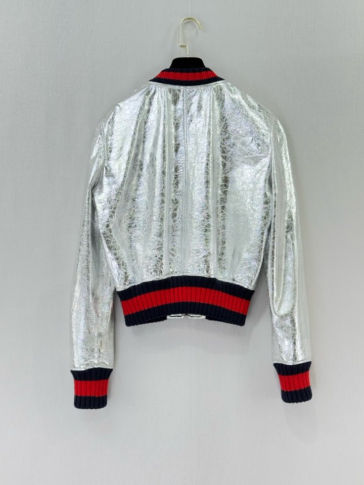 GUCCI Crinkled Leather Metallic Silver Size US 8 Jacket