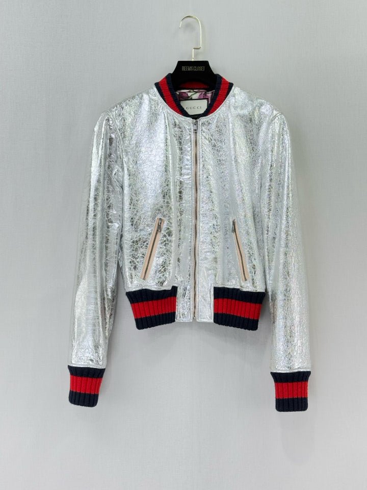 GUCCI Crinkled Leather Metallic Silver Size US 8 Jacket