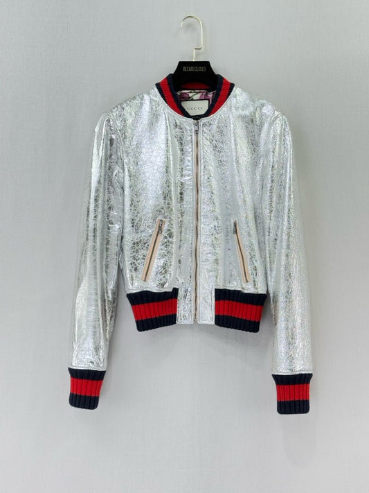 GUCCI Crinkled Leather Metallic Silver Size US 8 Jacket