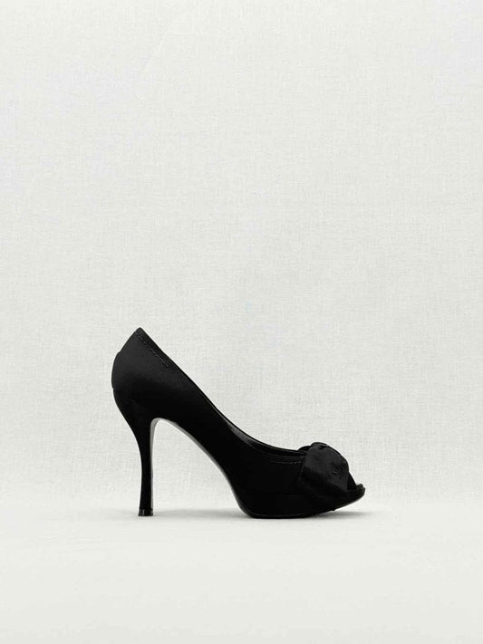 LOUIS VUITTON 95mm Open Toe Black Satin Pumps Size 37.5