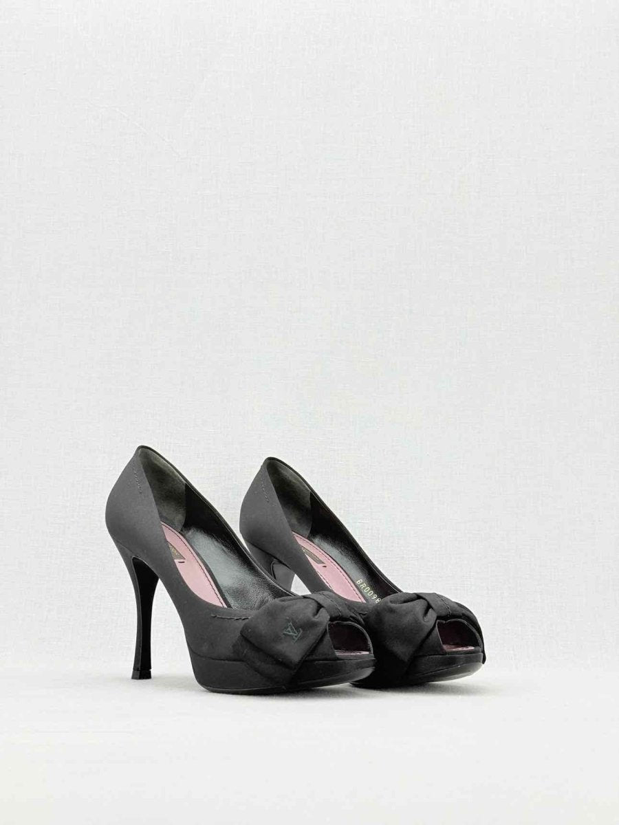 LOUIS VUITTON 95mm Open Toe Black Satin Pumps Size 37.5