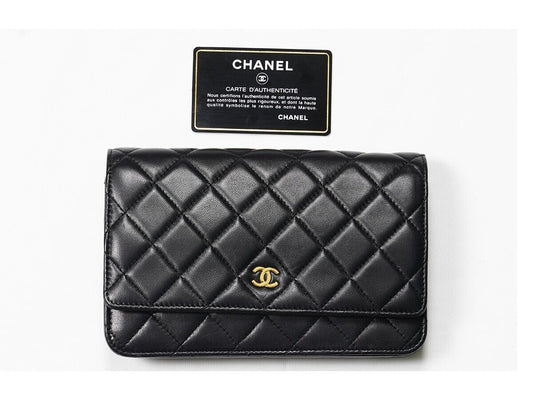 Authenic Black CHANEL Wallet On Chain - Gold Chain - Quilted Lambskin