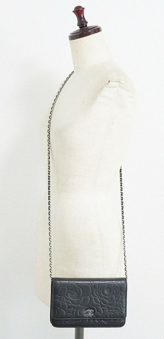 CHANEL Black Camellia Pattern Leather Wallet on Chain Bag WOC