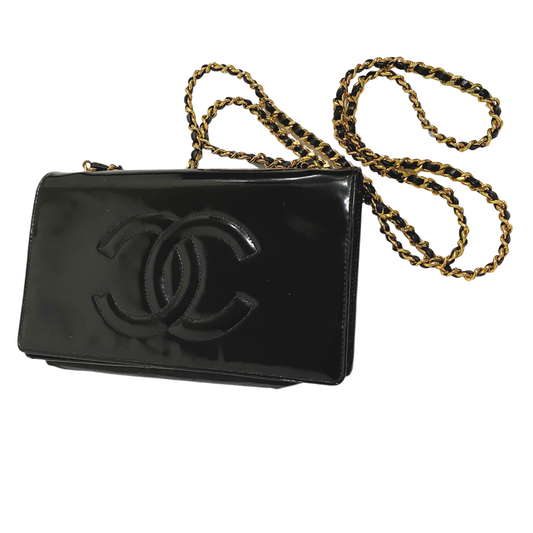 Chanel   Black Patent Leather CC Logo Wallet On Chain WOC Bag