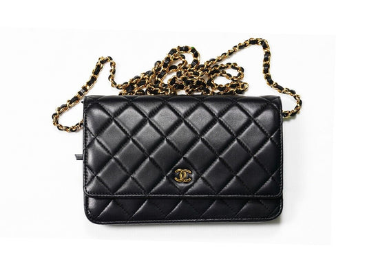 Authenic Black CHANEL Wallet On Chain - Gold Chain - Quilted Lambskin