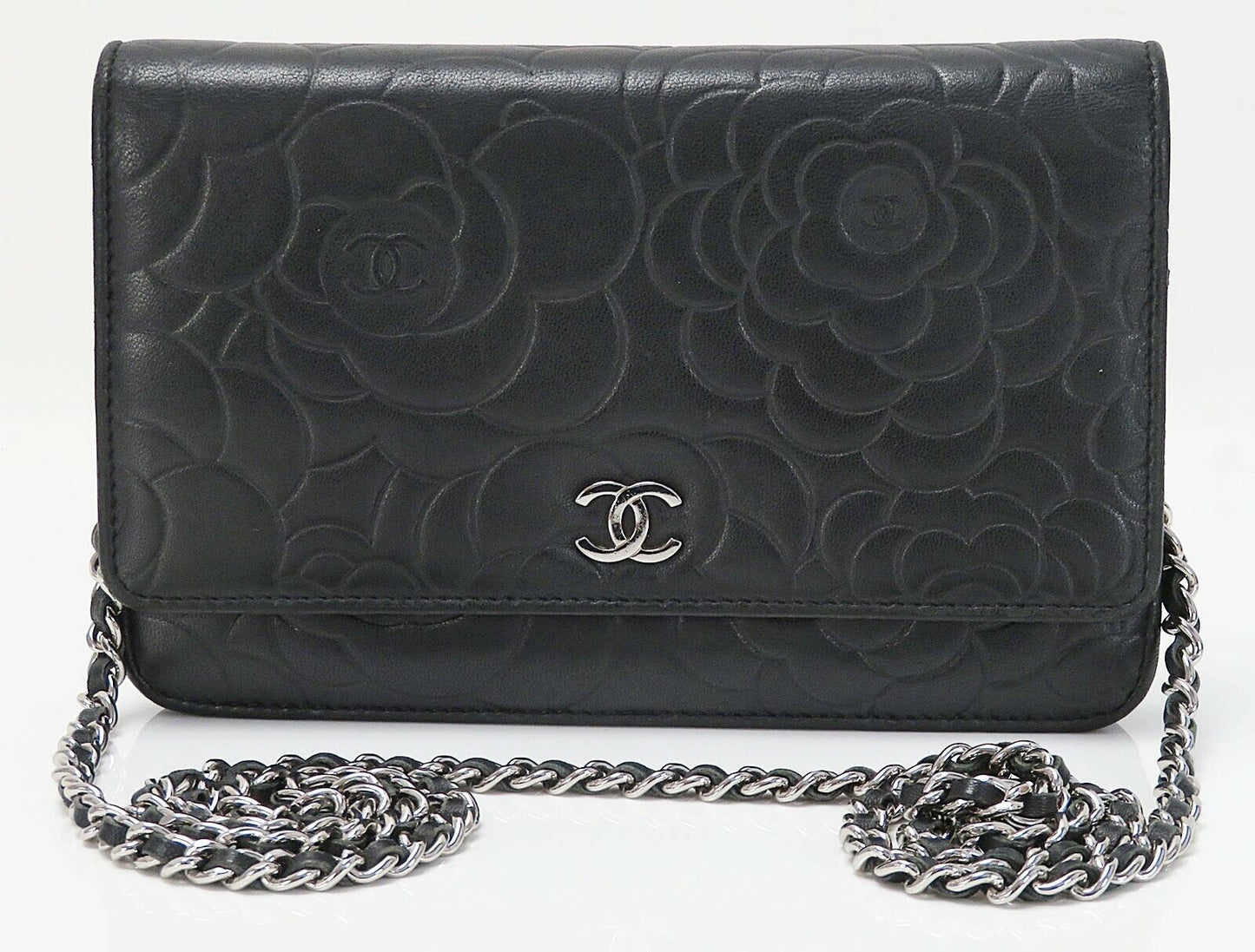 CHANEL Black Camellia Pattern Leather Wallet on Chain Bag WOC